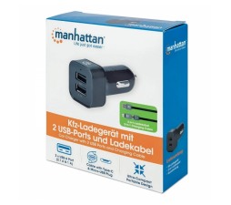Slika 2 izdelka: Avtopolnilec 2 X USB A MANHATTAN + kabel, črne barve