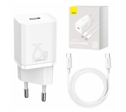 Slika izdelka: Baseus hišni polnilec 220V Super-SI Quick Charge 25W vhod Type C s kablom Type C - Original (EU Blister) bel