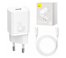 Slika 2 izdelka: Baseus hišni polnilec 220V Super-SI Quick Charge 25W vhod Type C s kablom Type C - Original (EU Blister) bel