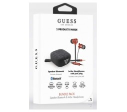 Slika 2 izdelka: Guess žične slušalke črno rdeče in bluetooth zvočnik