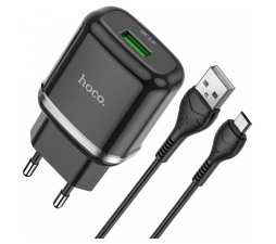 Slika izdelka: HOCO pametni hišni polnilec N3 18W z 3.0 QC USB vtičem in s polnilnim kablom MicroUSB črn