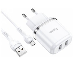 Slika izdelka: HOCO pametni hišni polnilec N4 12W z 2,4A z 2x USB vtičem in s polnilnim kablom Micro USB bel