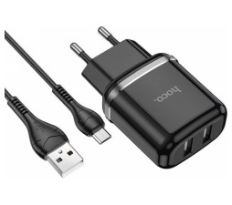 Slika izdelka: HOCO pametni hišni polnilec N4 12W z 2,4A z 2x USB vtičem in s polnilnim kablom Micro USB črn