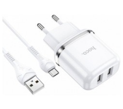Slika 2 izdelka: HOCO pametni hišni polnilec N4 12W z 2,4A z 2x USB vtičem in s polnilnim kablom Micro USB bel