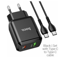 Slika izdelka: HOCO pametni hišni polnilec N5 20W z 3,0 QC z 1 x USB C in 1 x USB vtičem in s polnilnim kablom Type C - Type C črn