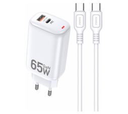 Slika izdelka: KakuSiga adapter hišni polnilec 220V Gun Quick Charge 65W vhod 1x USB A in 1x Type C - s kablom Type C - Type C 3.0 bel