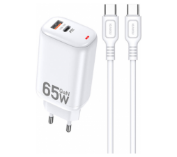 Slika 2 izdelka: KakuSiga adapter hišni polnilec 220V Gun Quick Charge 65W vhod 1x USB A in 1x Type C - s kablom Type C - Type C 3.0 bel