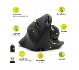 Slika 2 izdelka: Miška PORT Trackball WL+BT, USB-A / C, polnilna, ergo, 5 gumbov, 800-4000dpi, črna
