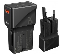 Slika izdelka: Potovalni polnilec BASEUS PPS QType-C + USB 18W QC (EU / US / UK / AU), črn
