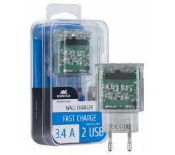 Slika izdelka: RIVACASE hišni polnilec VA4123 TD1 3,4A 2x USB + podatkovno polnilni kabel Micro USB - prozoren