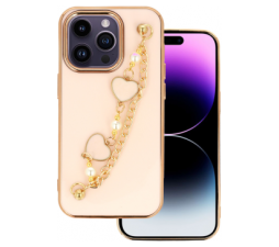 Slika 2 izdelka: Trendy silikonski ovitek z zapestnico za iPhone 13 Pro - roza s srčki