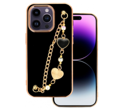 Slika 2 izdelka: Trendy silikonski ovitek z zapestnico za iPhone 14 Plus 6.7 - črn s srčki